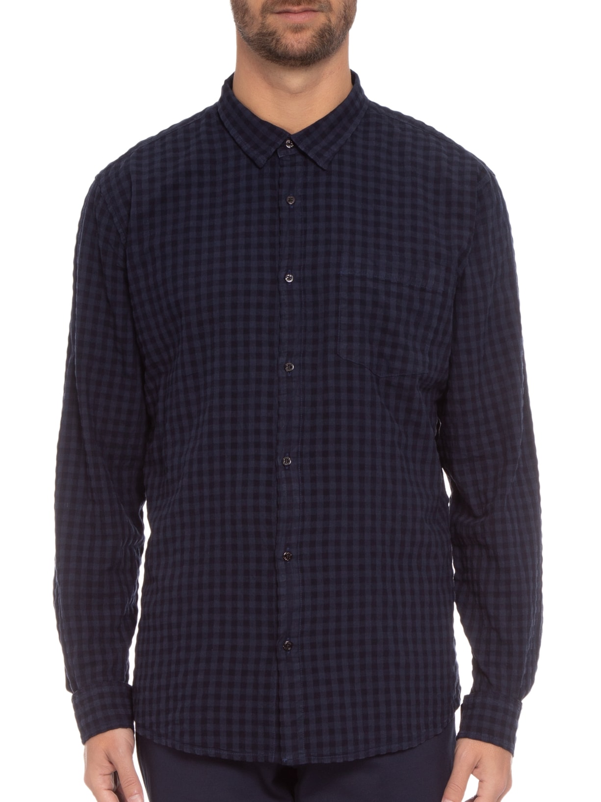 Camisa Masculina Mini Vichy Manga Longa Azul  Osklen