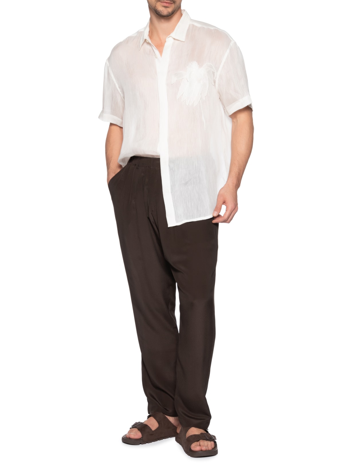 Camisa Masculina Organza Bordado Flor Branco Handred