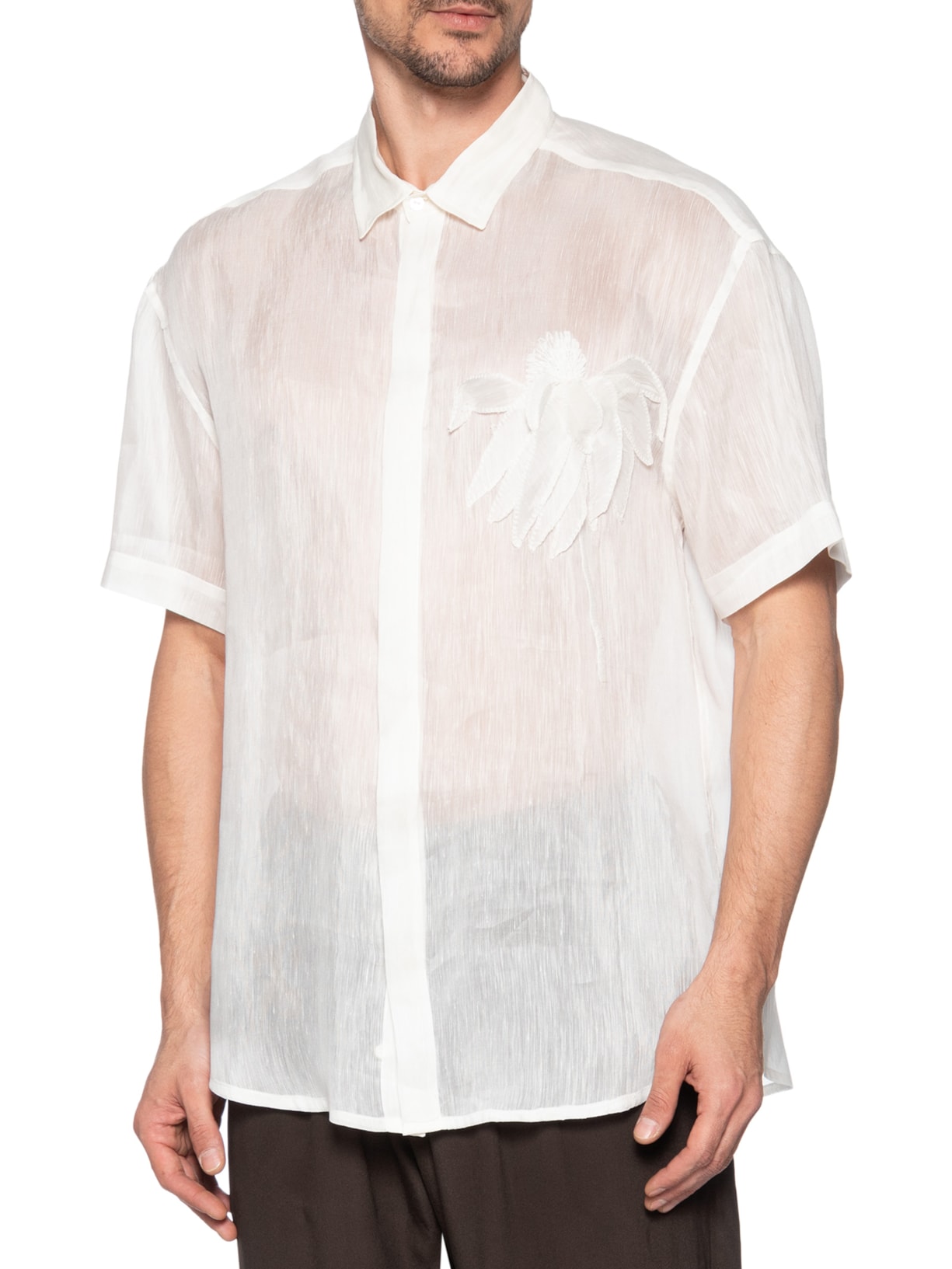Camisa Masculina Organza Bordado Flor Branco Handred