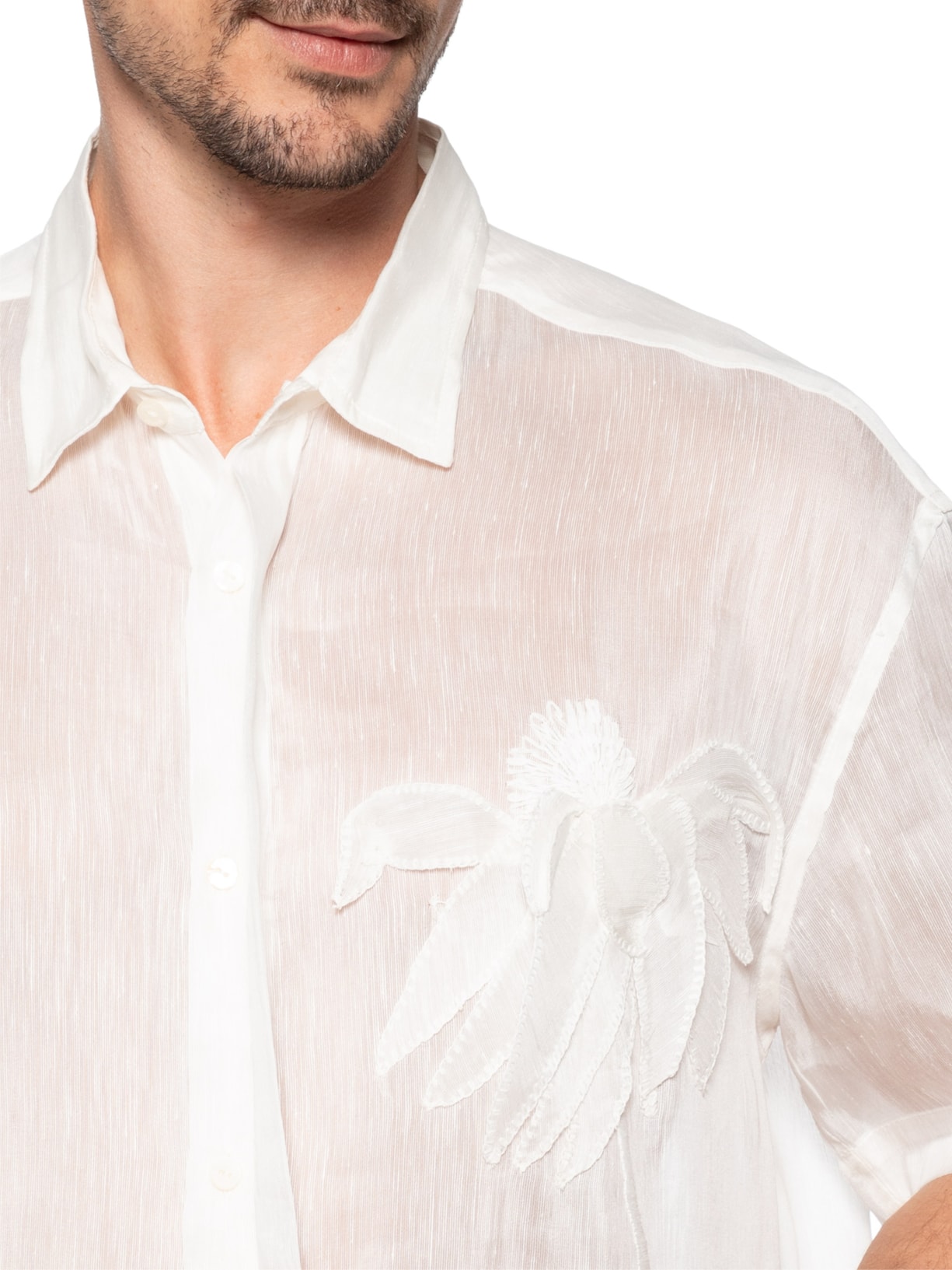 Camisa Masculina Organza Bordado Flor Branco Handred