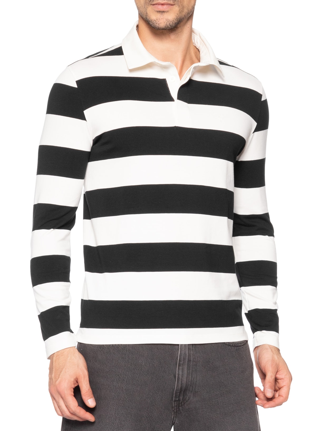 Camisa Masculina Polo Manga Longa Rugby Listrada Branco Sergio K