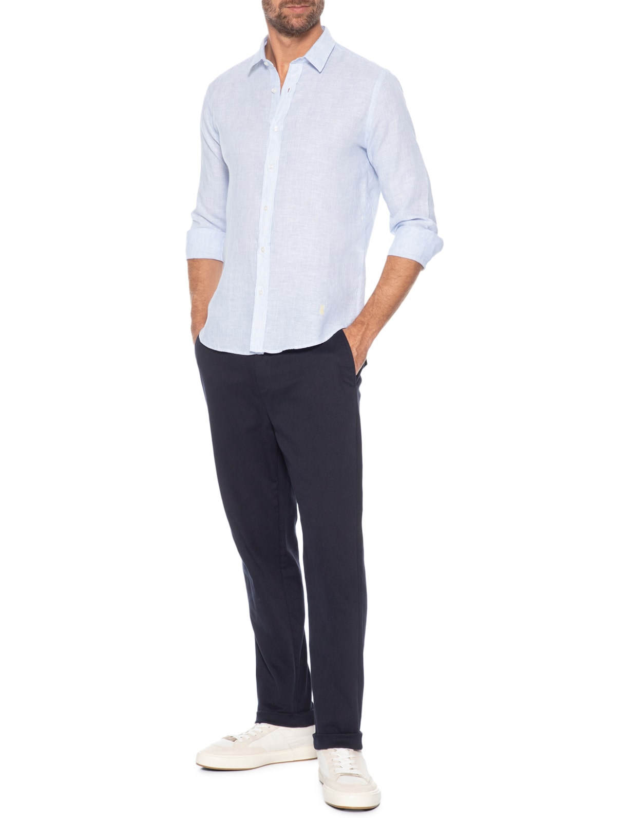 Camisa Masculina Puro Linho Listrado Azul Pineapple