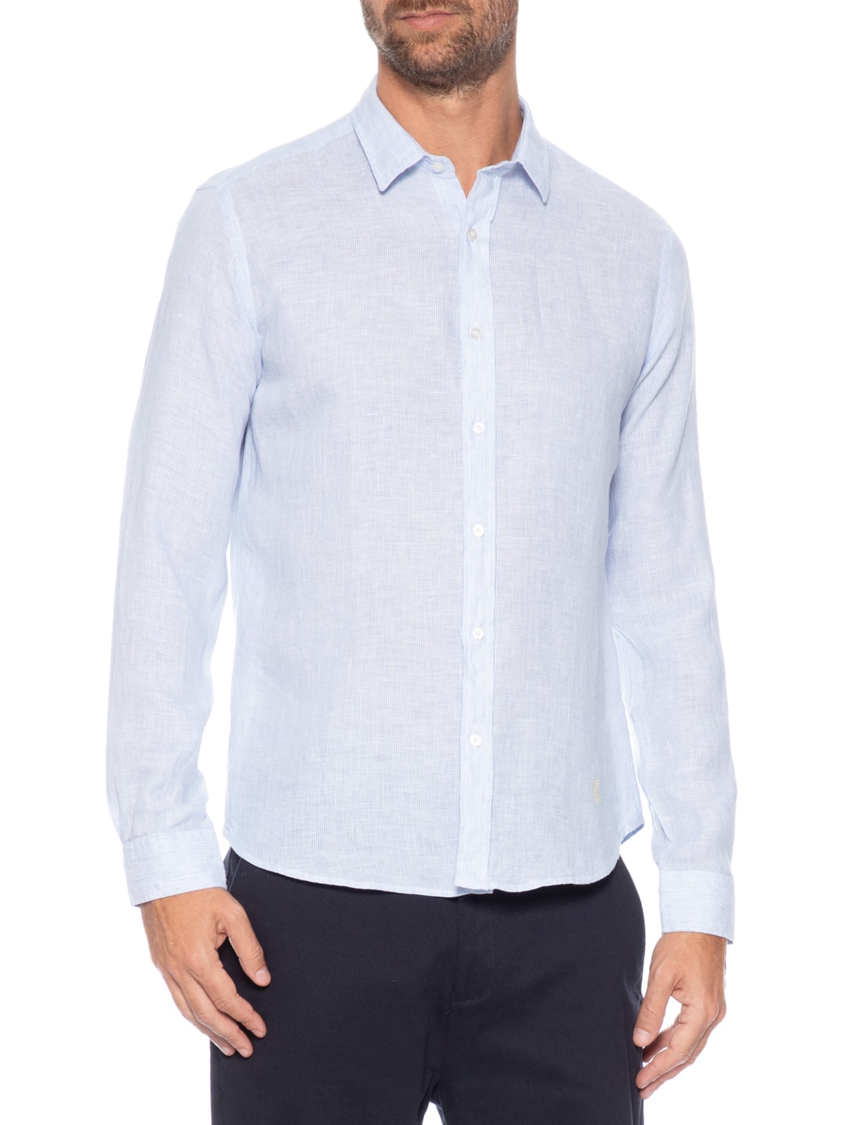 Camisa Masculina Puro Linho Listrado Azul Pineapple