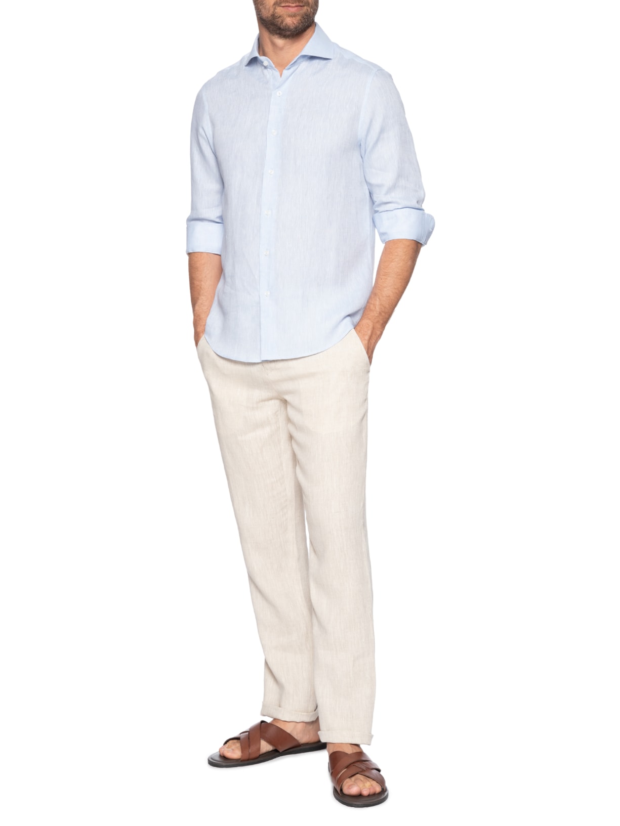 Camisa Masculina Puro Linho Manga Longa Azul Paramount Alfaiataria