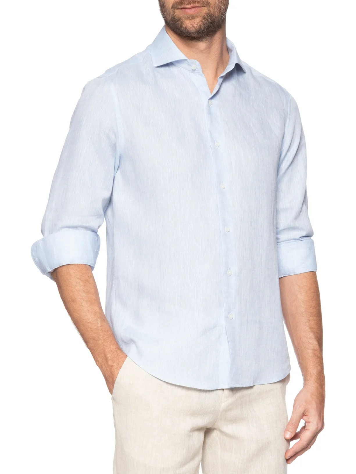 Camisa Masculina Puro Linho Manga Longa Azul Paramount Alfaiataria