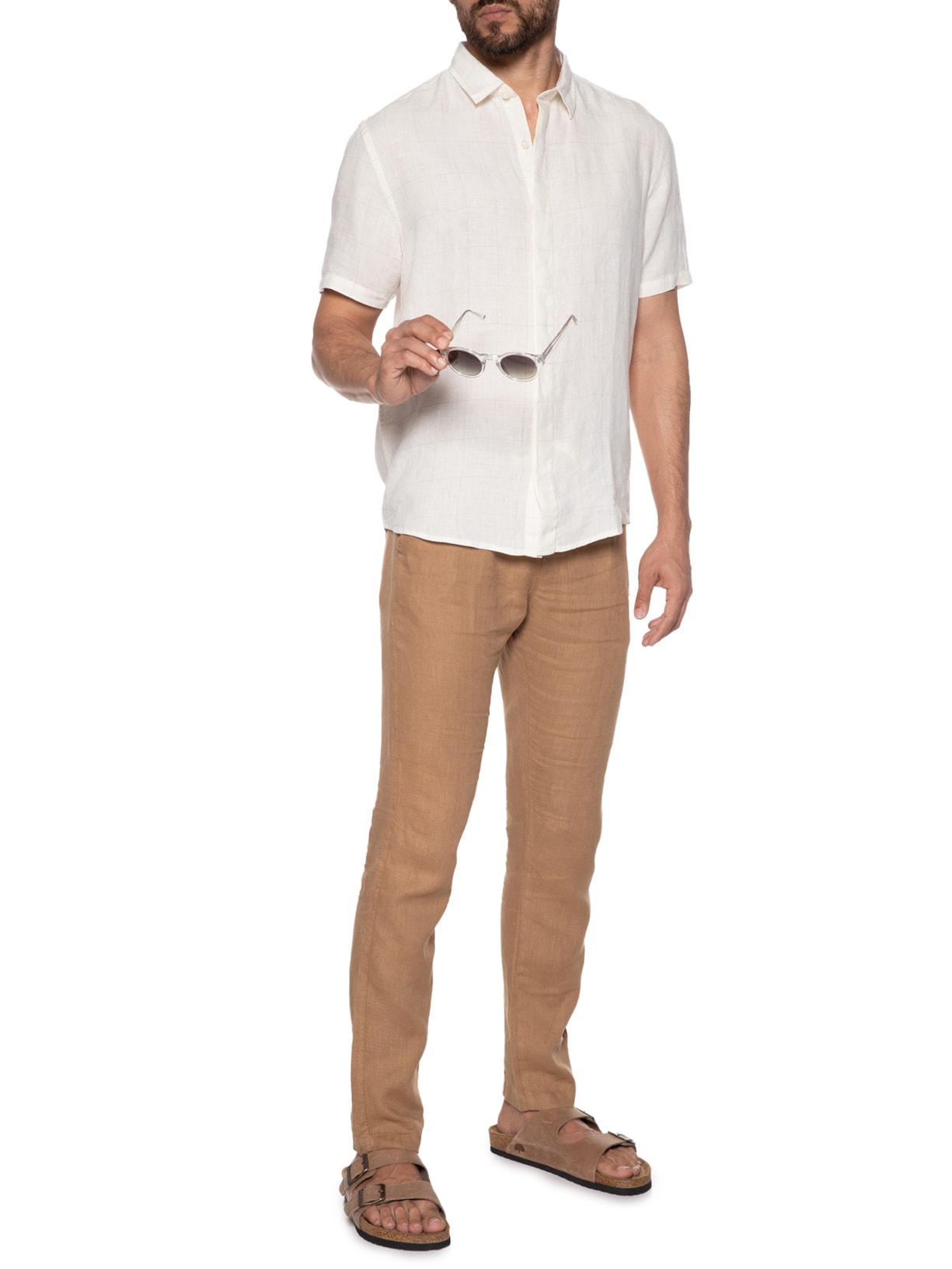 Camisa Masculina Puro Linho Xadrez Egeu Bege Foxton