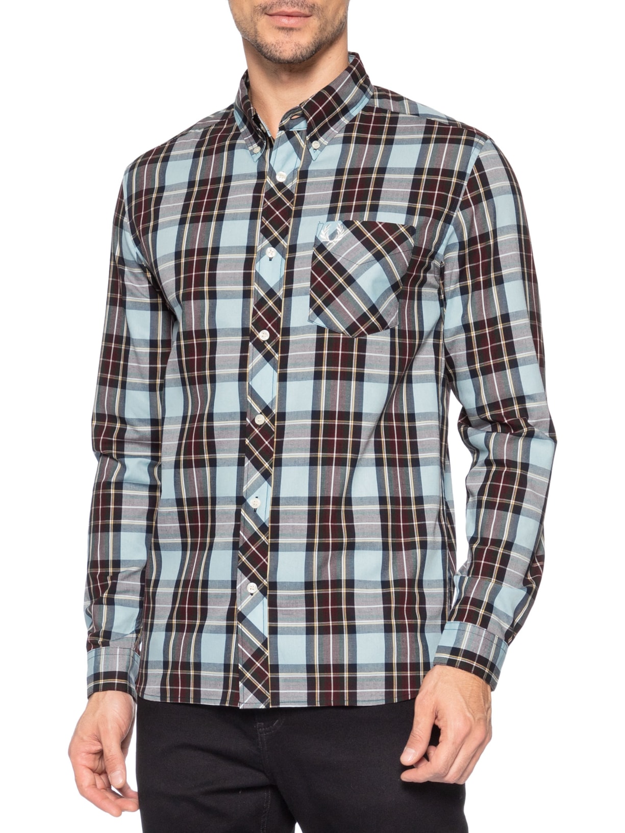 Camisa Masculina Regular Fit Classic Tartan Em Algodão Azul Fred Perry