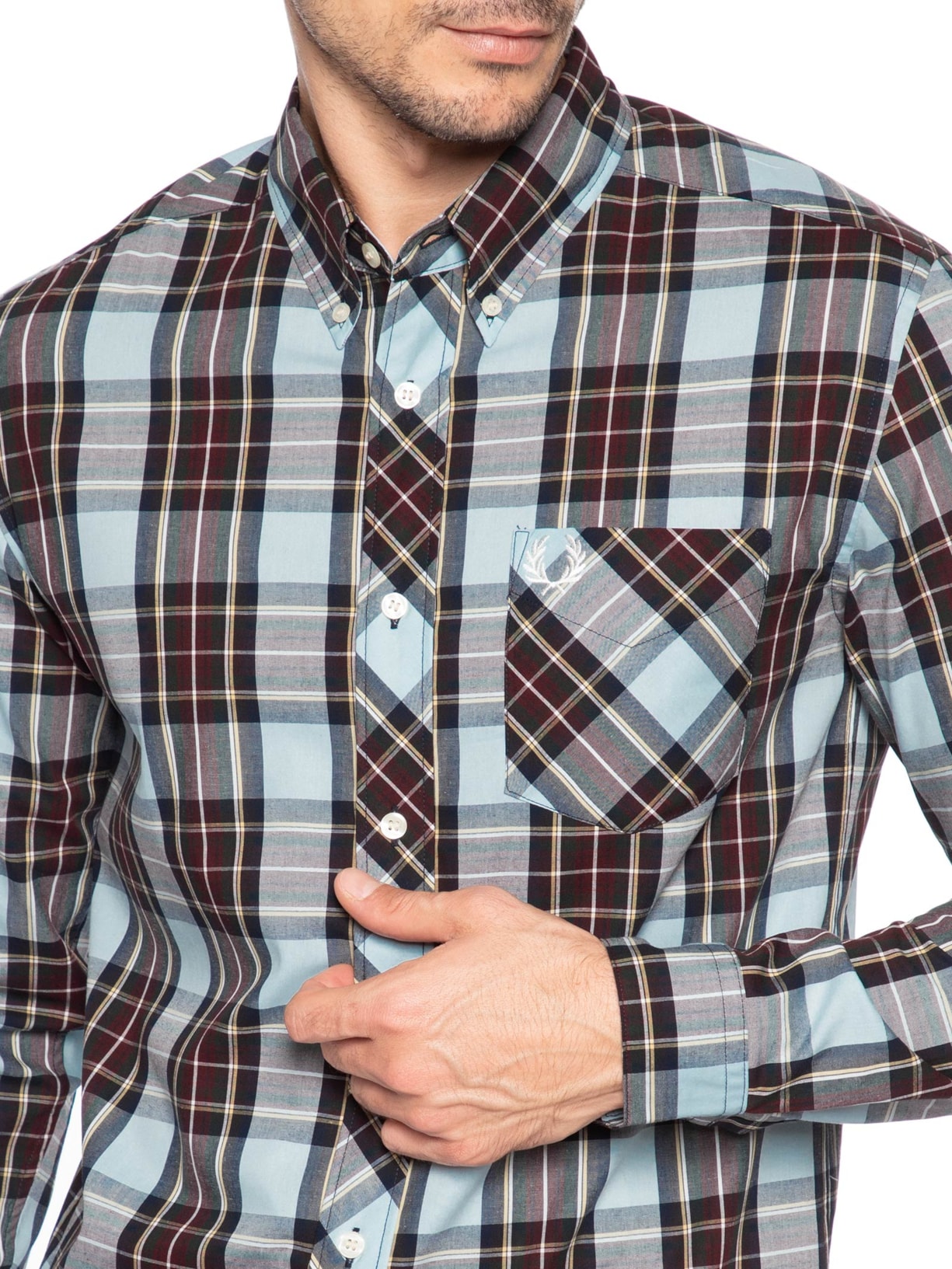 Camisa Masculina Regular Fit Classic Tartan Em Algodão Azul Fred Perry