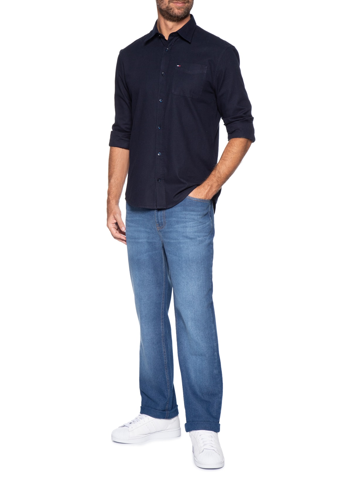 Camisa Masculina Regular Fit Com Bolso Azul Tommy Jeans