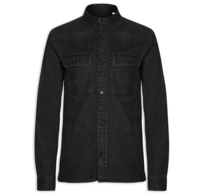 Camisa Masculina Regular Fit Com Bolsos Algodão Orgânico - Preto