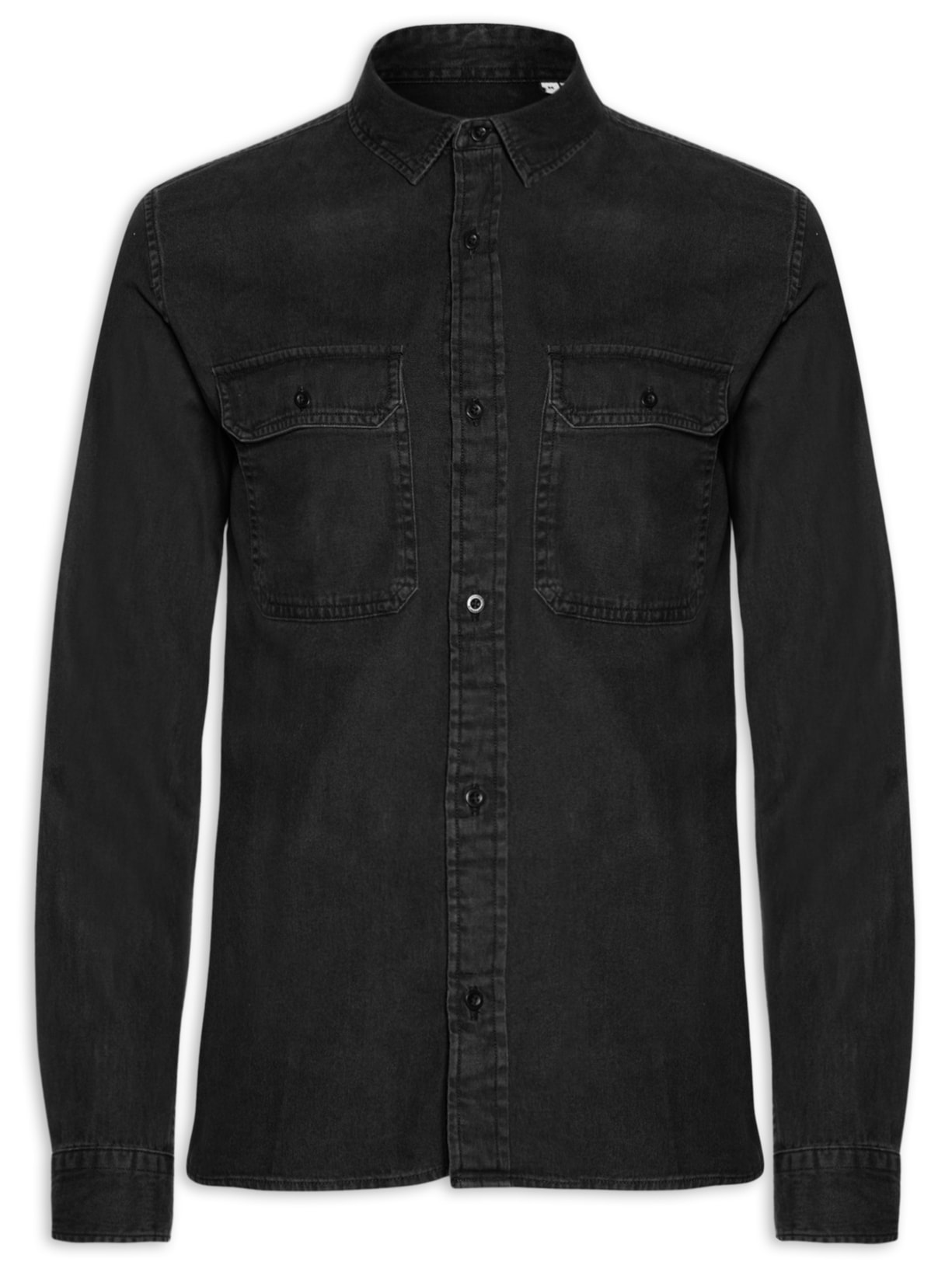 Camisa Masculina Regular Fit Com Bolsos Algodão Orgânico - Preto