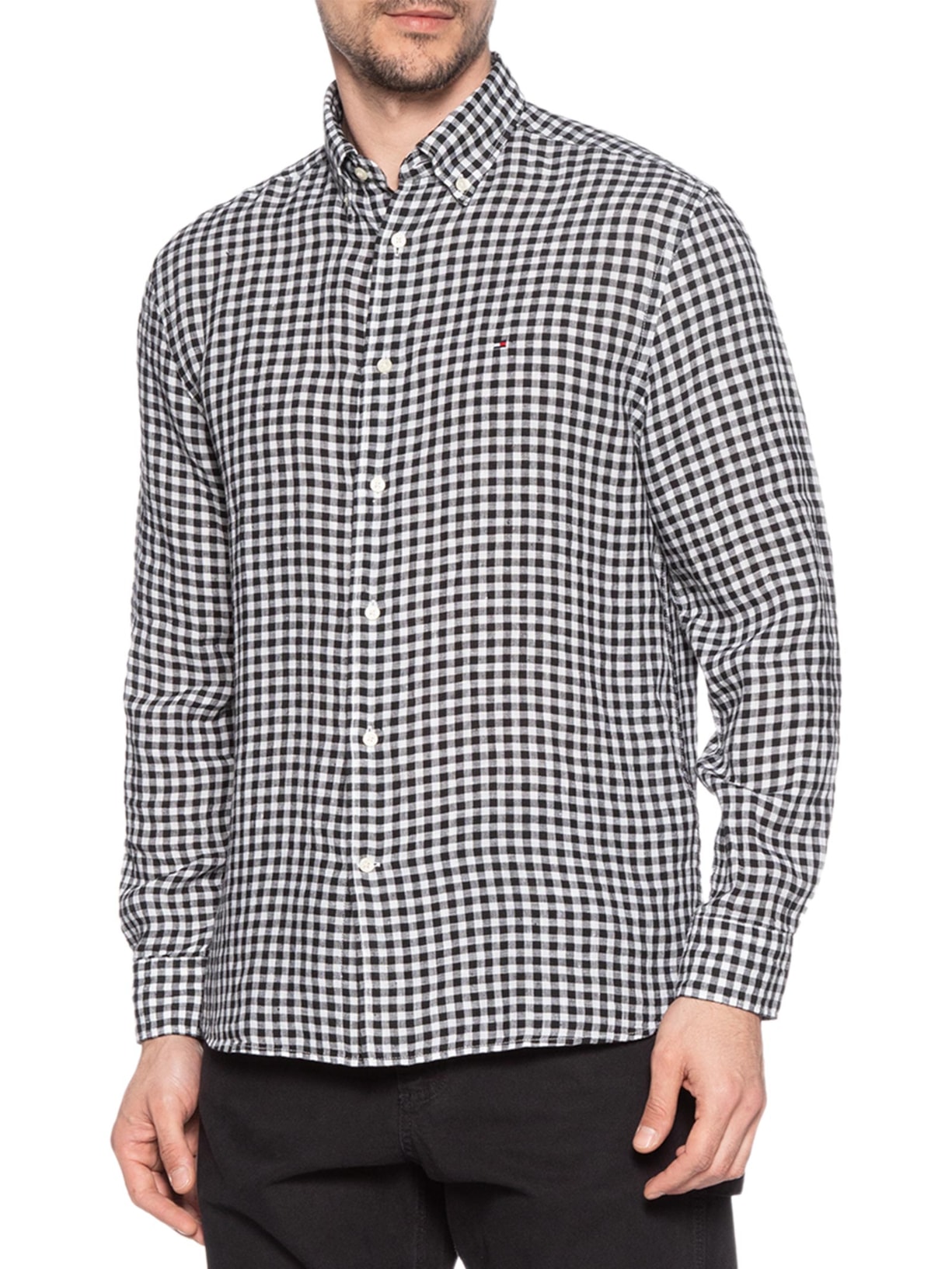 Camisa Masculina Regular Fit Em Linho Gingham Preto Tommy Hilfiger