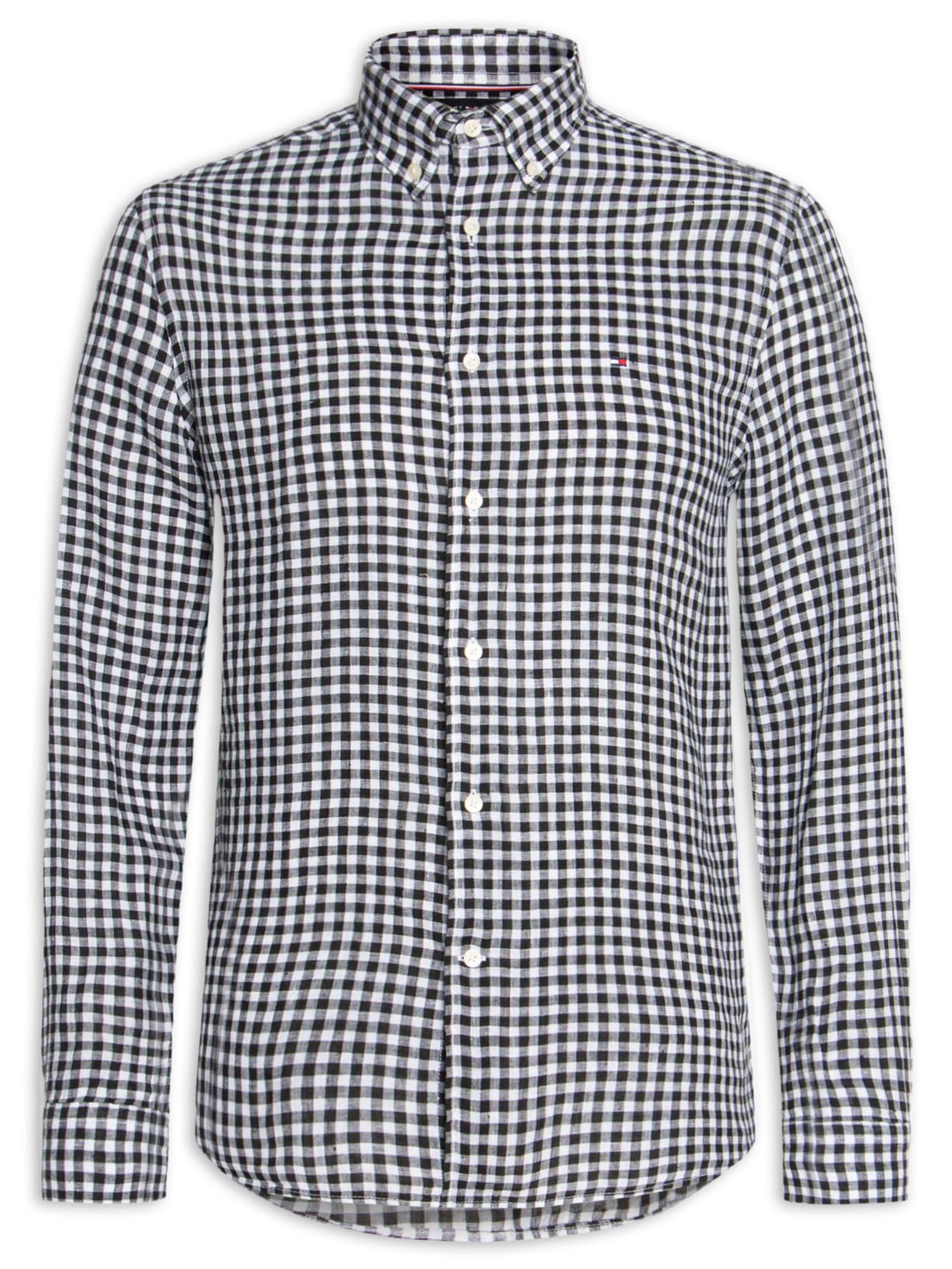 Camisa Masculina Regular Fit Em Linho Gingham Preto Tommy Hilfiger