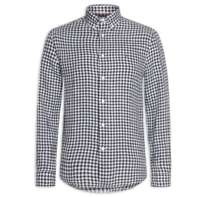 Camisa Masculina Regular Fit Em Linho Gingham - Preto