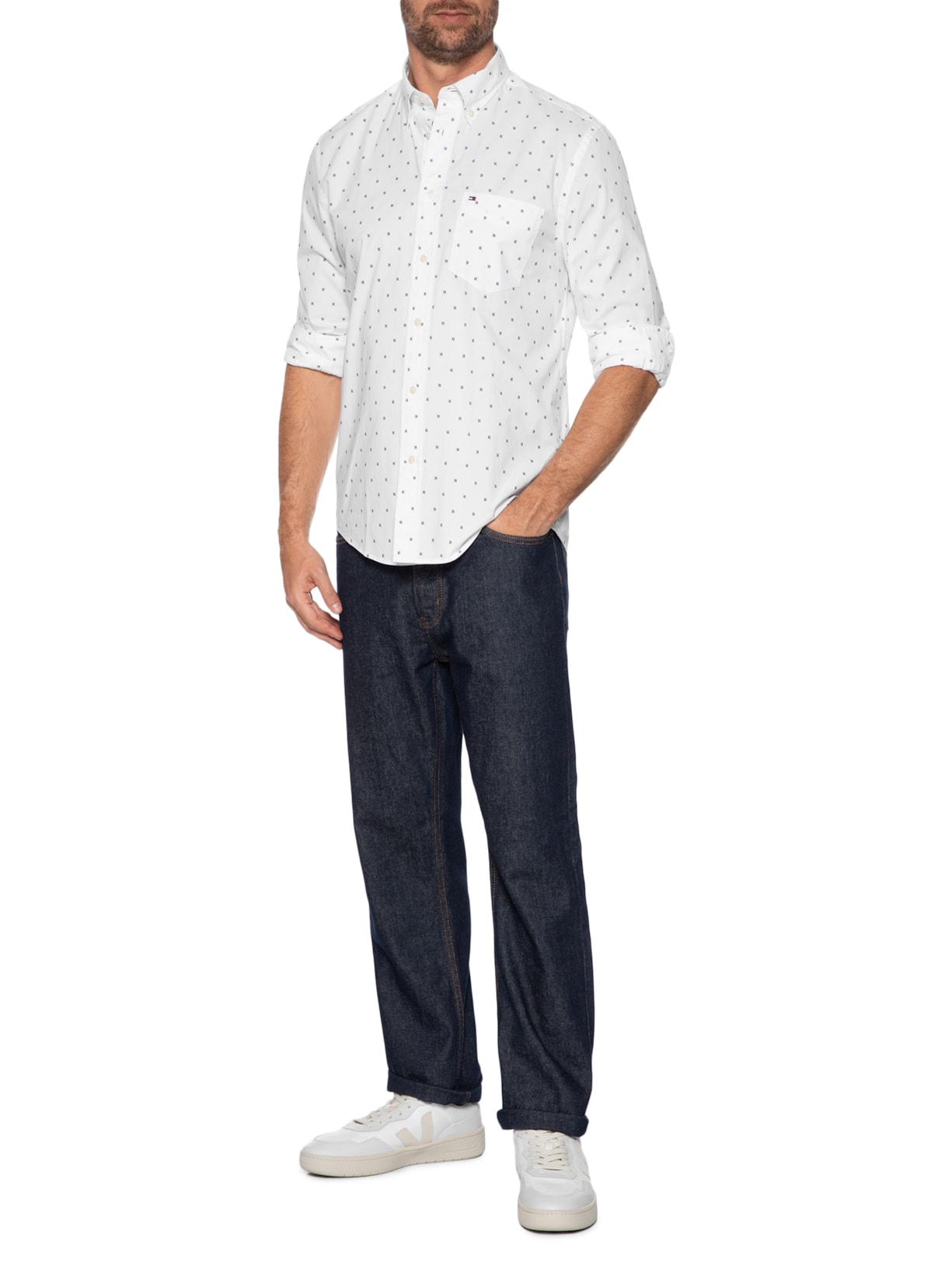 Camisa Masculina Regular Fit Em Popline Estampada Branco Tommy Hilfiger