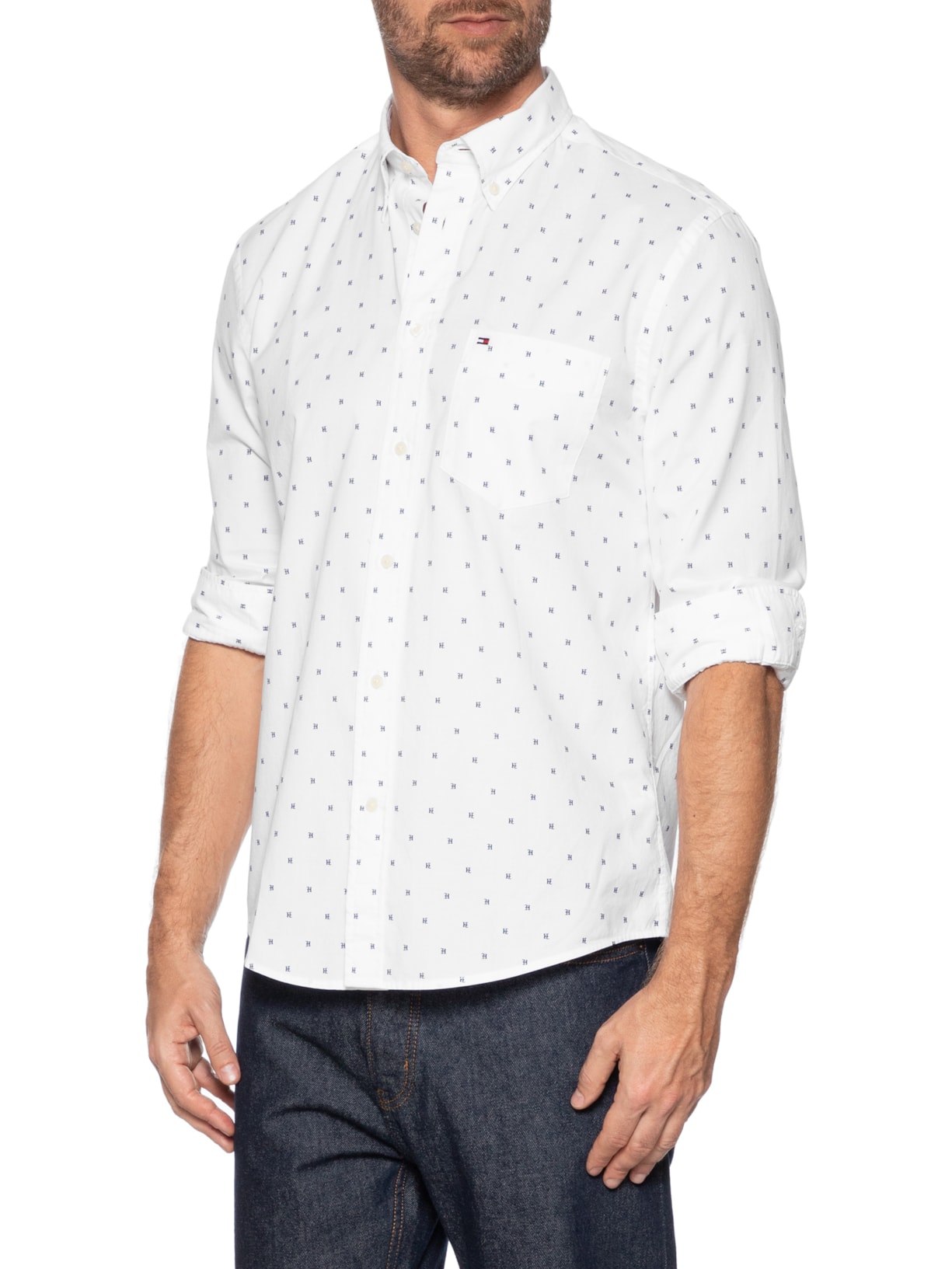 Camisa Masculina Regular Fit Em Popline Estampada Branco Tommy Hilfiger