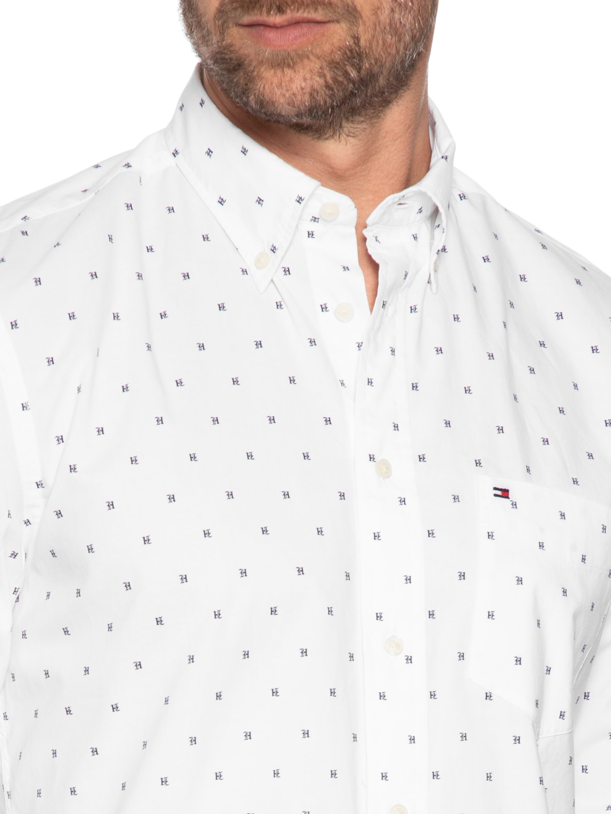 Camisa Masculina Regular Fit Em Popline Estampada Branco Tommy Hilfiger
