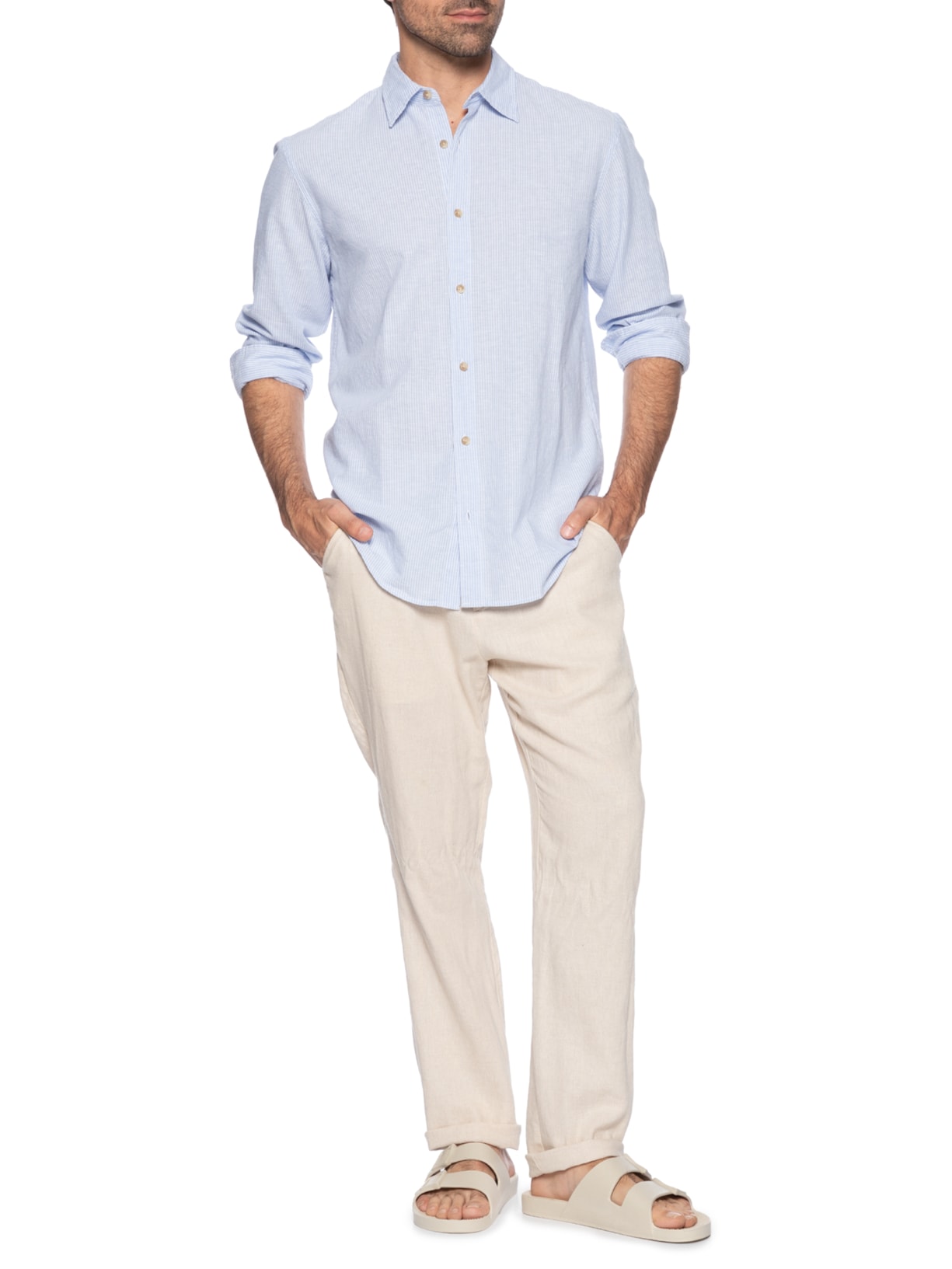 Camisa Masculina Regular Fit Gola Padre Linho Azul Jack & Jones