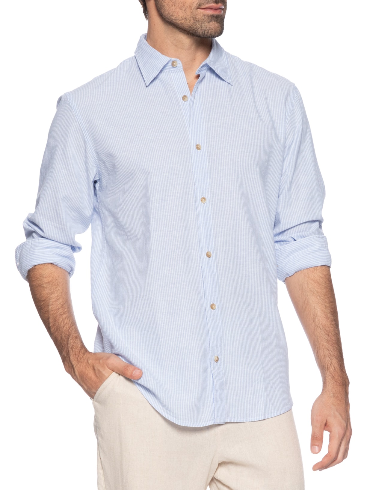 Camisa Masculina Regular Fit Gola Padre Linho Azul Jack & Jones