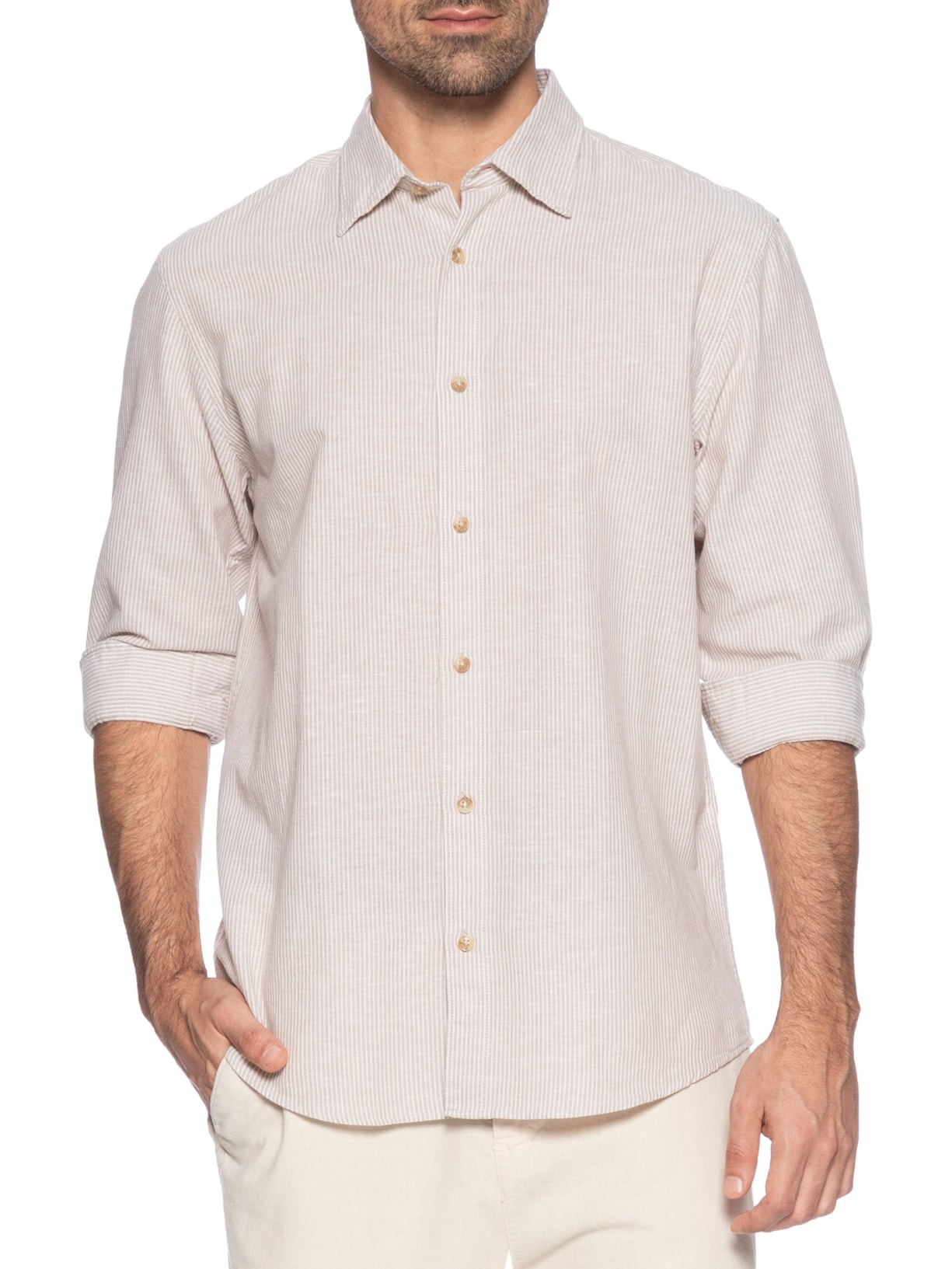 Camisa Masculina Regular Fit Gola Padre Linho Bege Jack & Jones