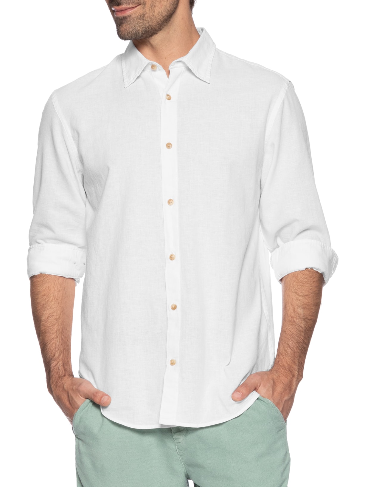Camisa Masculina Regular Fit Gola Padre Linho Branco Jack & Jones
