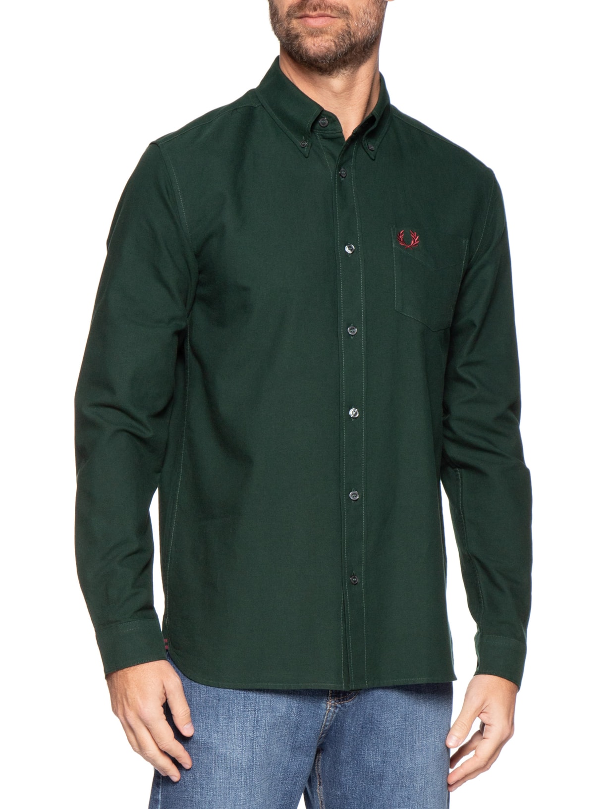 Camisa Masculina Regular Fit Oxford Com Bolso Verde Fred Perry