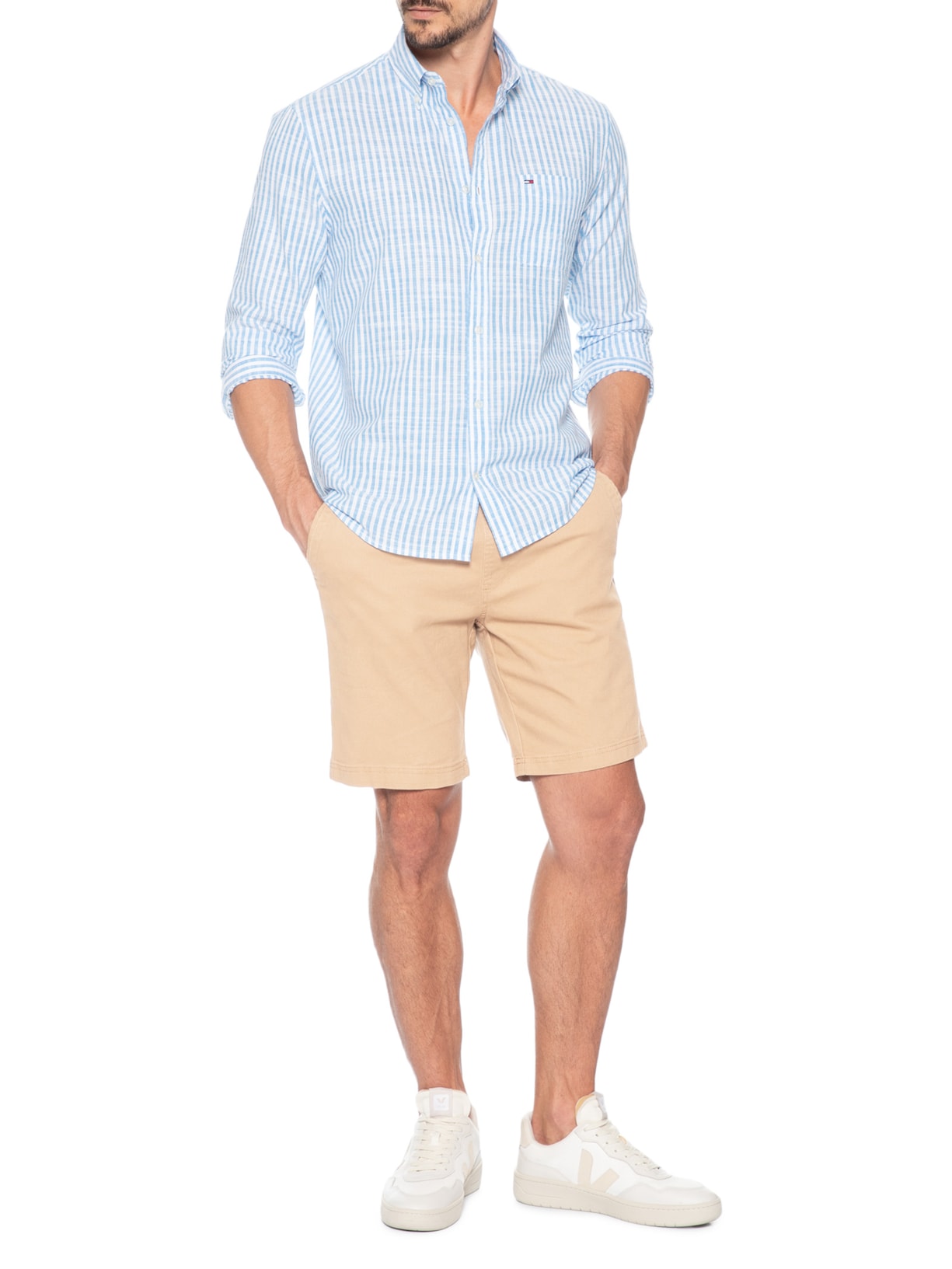 Camisa Masculina Regular Fit Oxford Listrada Azul Tommy Jeans