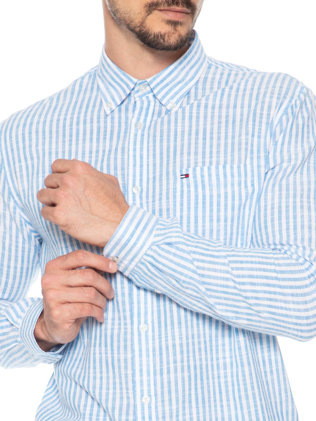 Camisa Masculina Regular Fit Oxford Listrada Azul Tommy Jeans