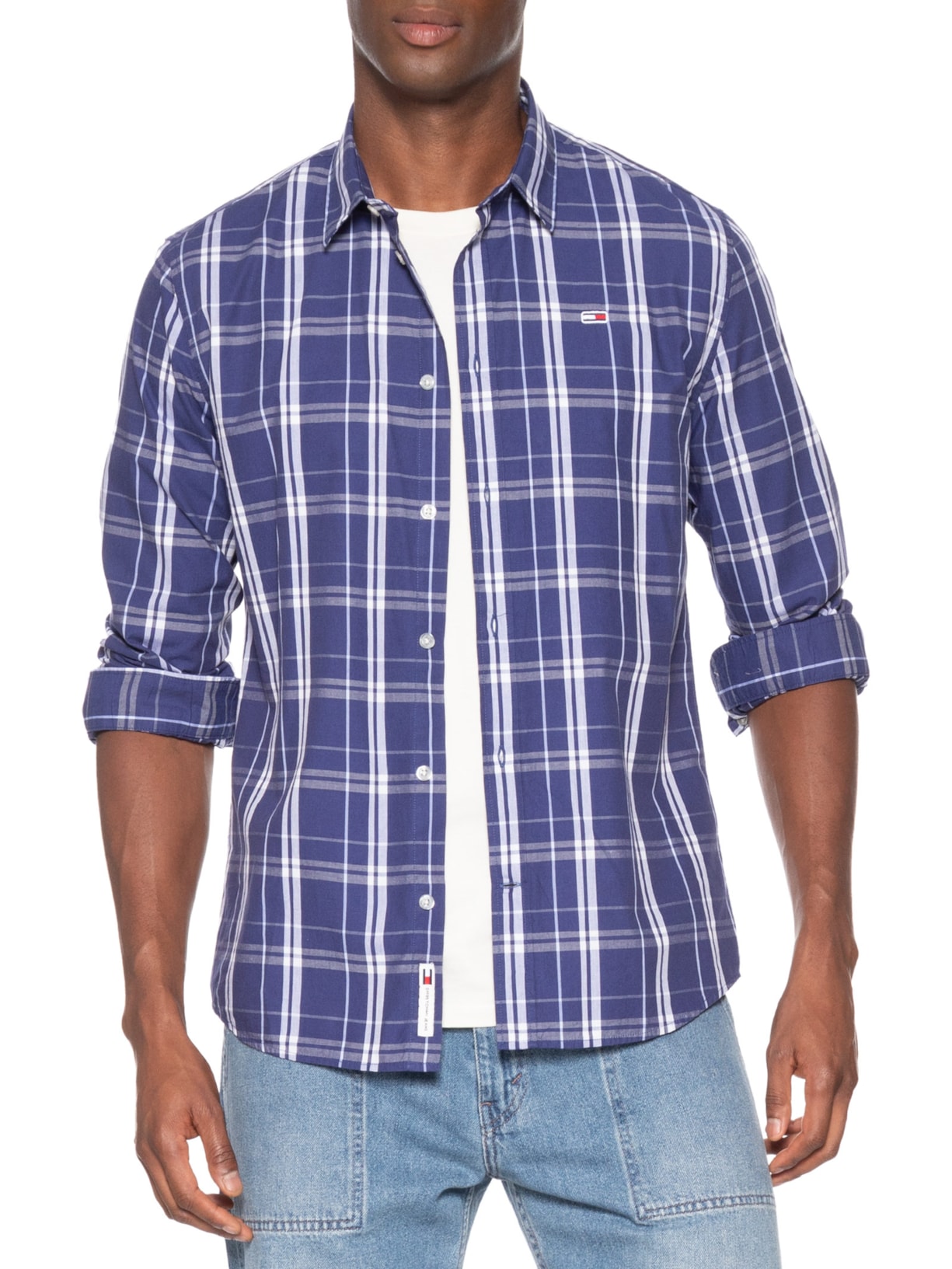 Camisa Masculina Regular Fit Popline Xadrez Azul Tommy Jeans