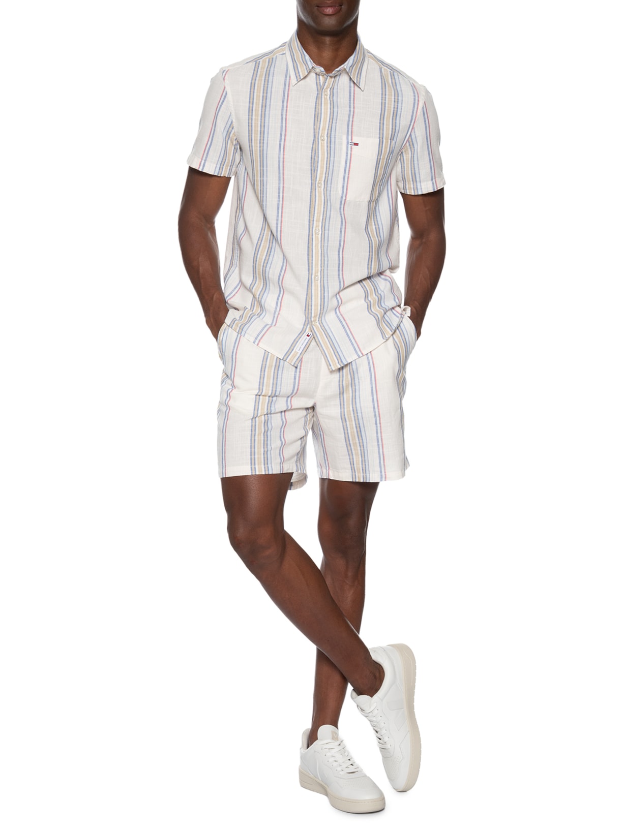 Camisa Masculina Regular Fit Tecido Slub Listrada Off White Tommy Jeans