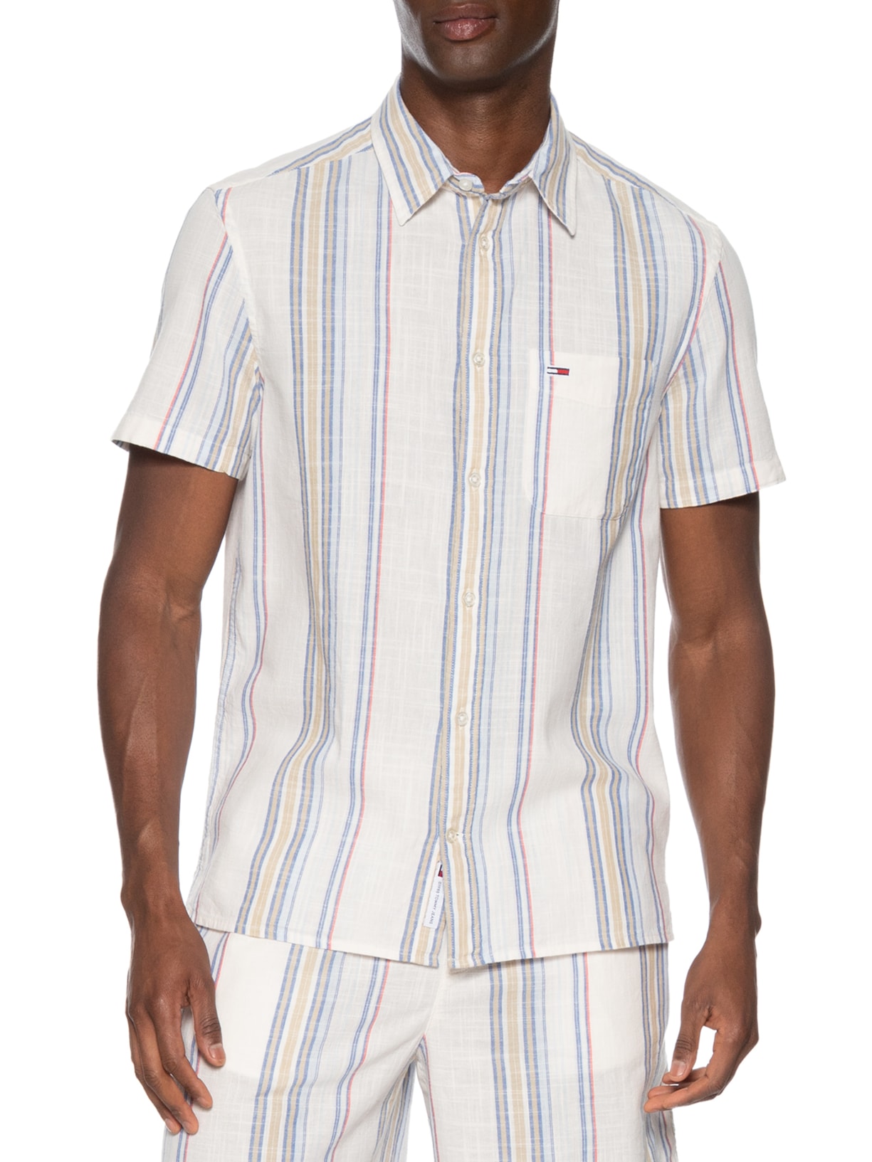 Camisa Masculina Regular Fit Tecido Slub Listrada Off White Tommy Jeans
