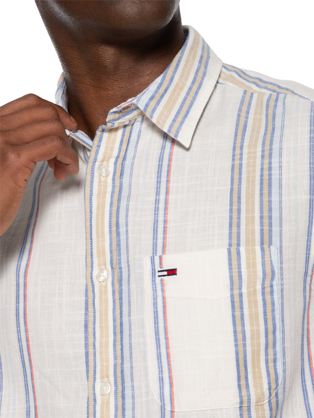 Camisa Masculina Regular Fit Tecido Slub Listrada Off White Tommy Jeans