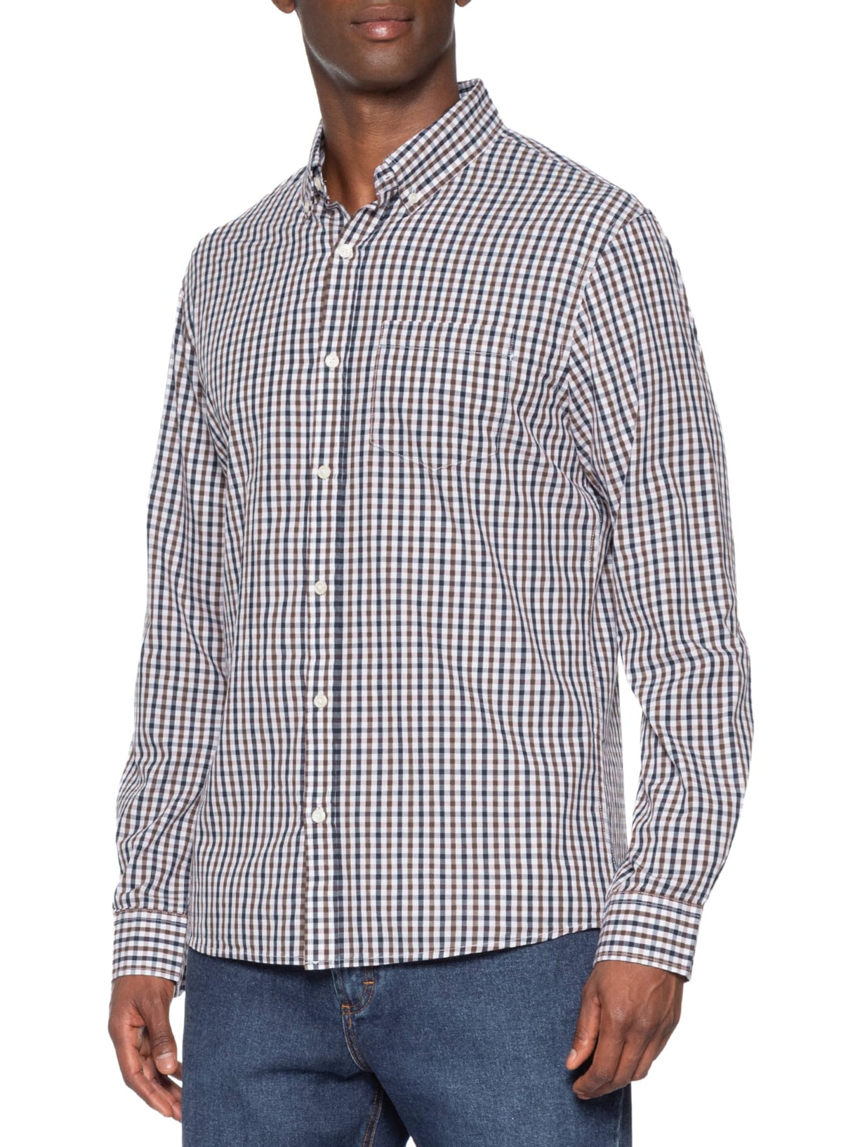 Camisa Masculina Regular Fit Xadrez Em Algodão Bege Hering