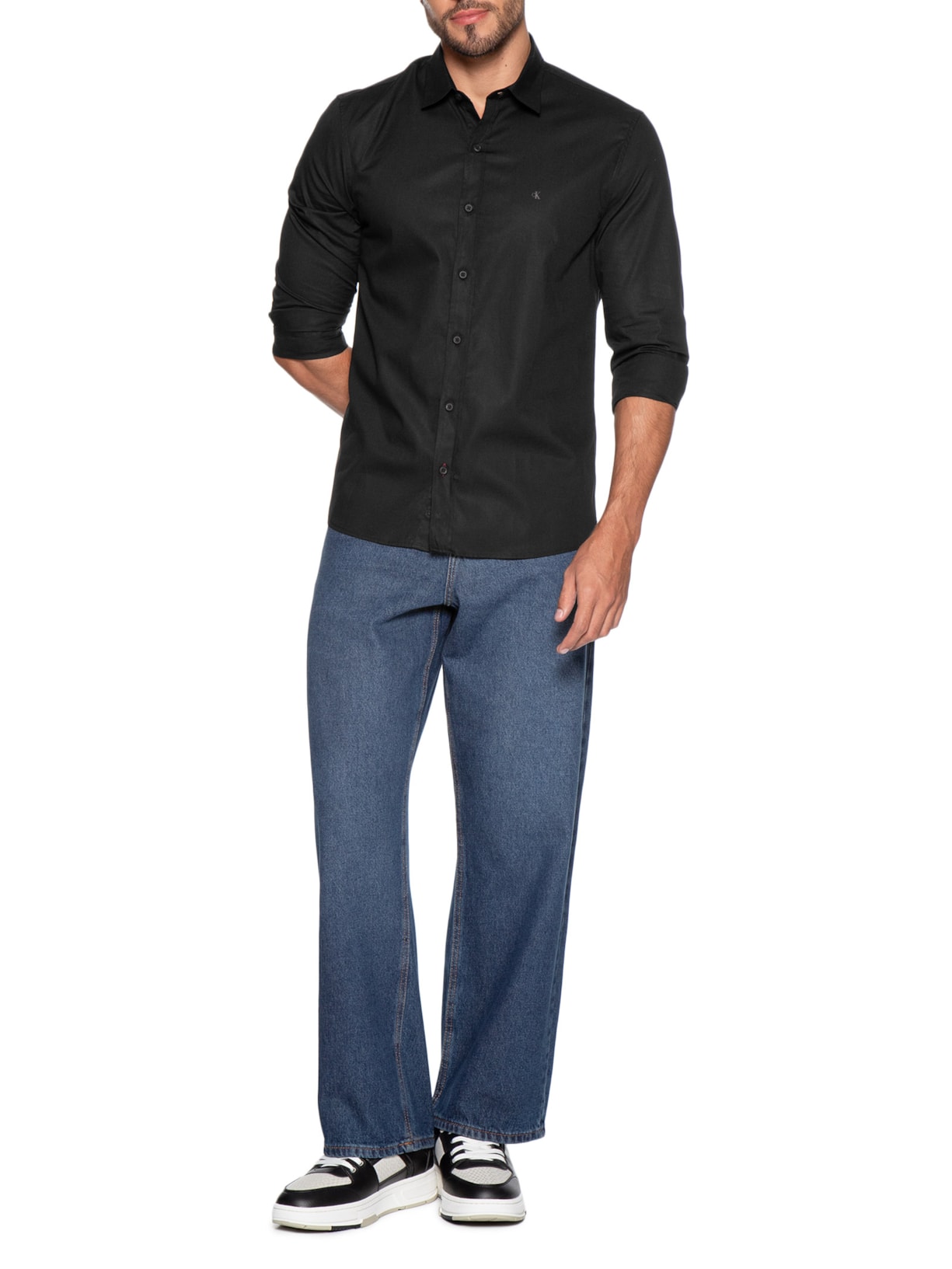 Camisa Masculina Regular Lisa Básica Logo Preto Calvin Klein Jeans
