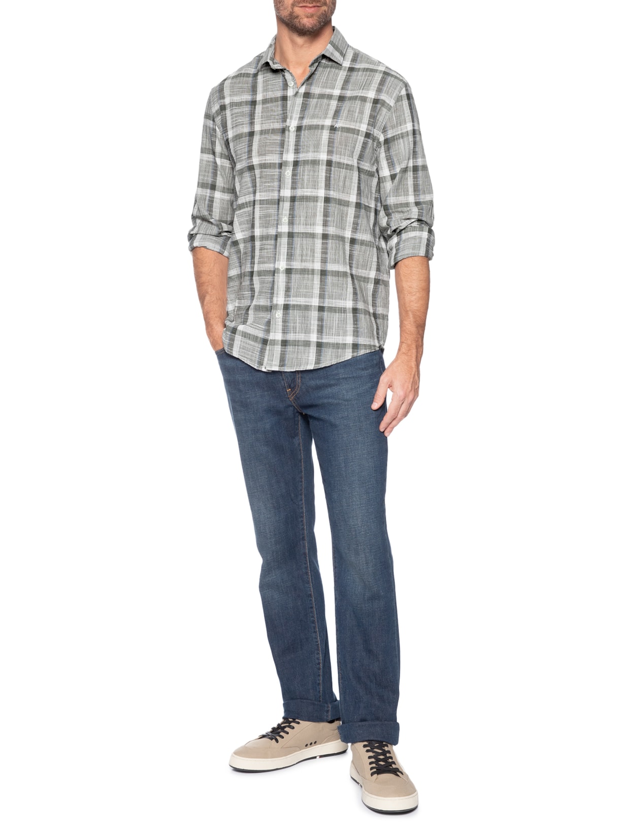 Camisa Masculina Regular Maxi Xadrez Flame Com Contraste Verde Aramis
