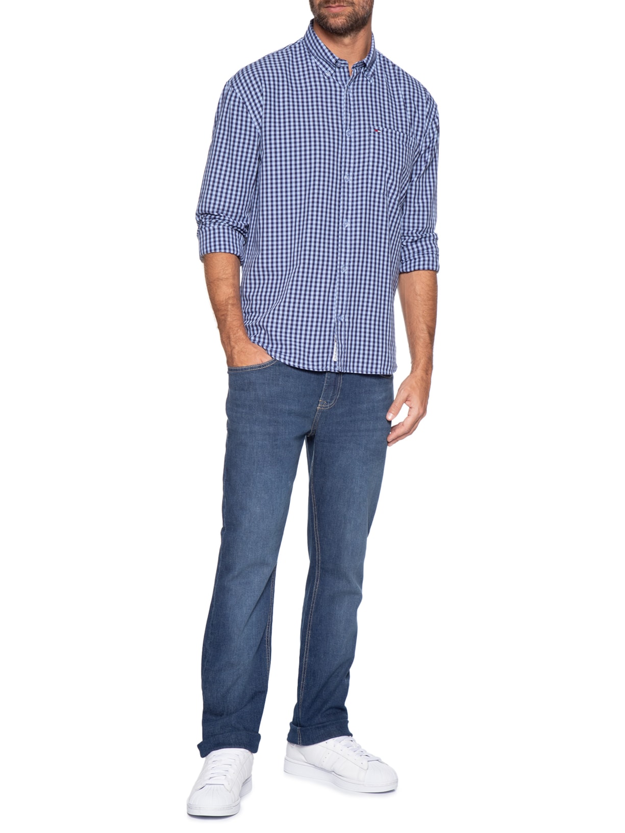 Camisa Masculina Relaxed Fit Xadrez Com Bolso Azul Tommy Jeans