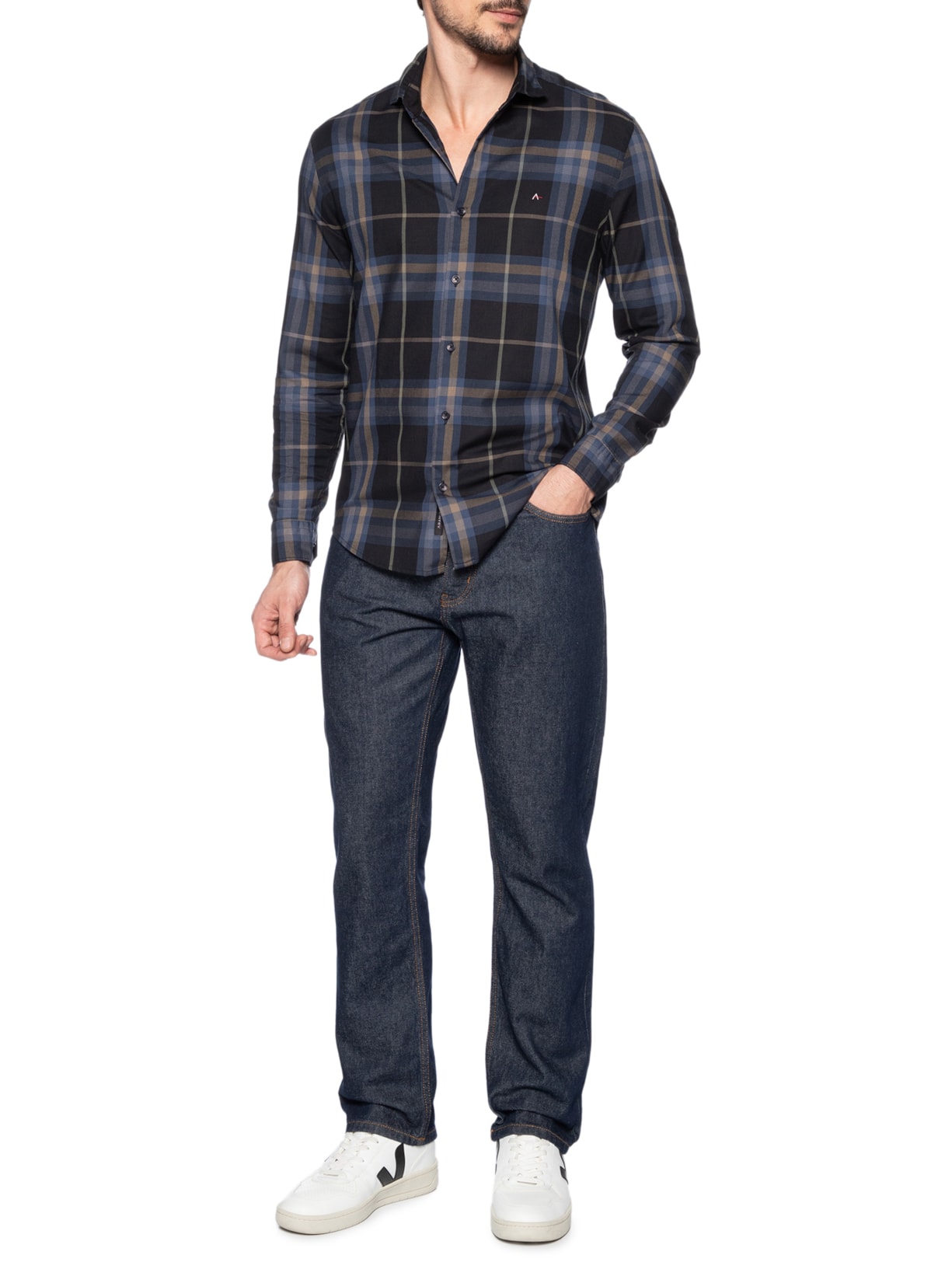 Camisa Masculina Sarja Xadrez Azul Aramis