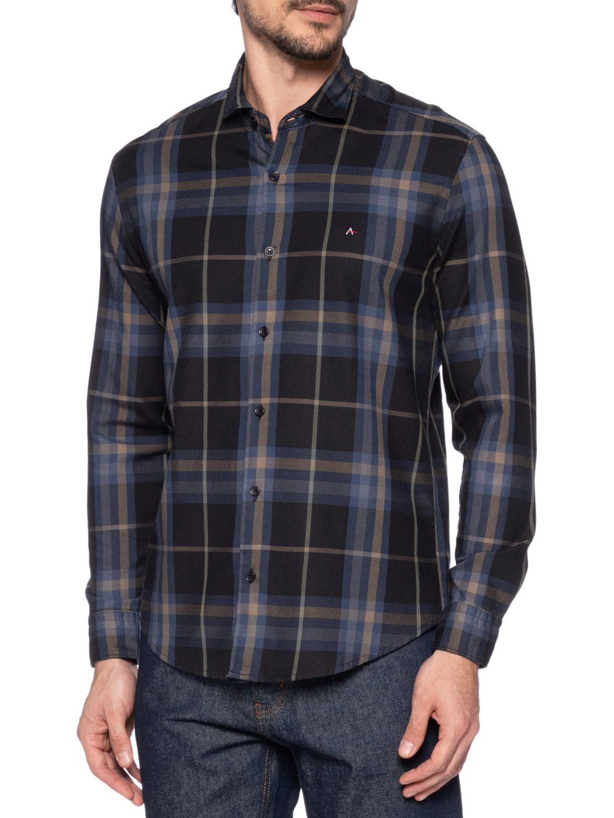 Camisa Masculina Sarja Xadrez Azul Aramis