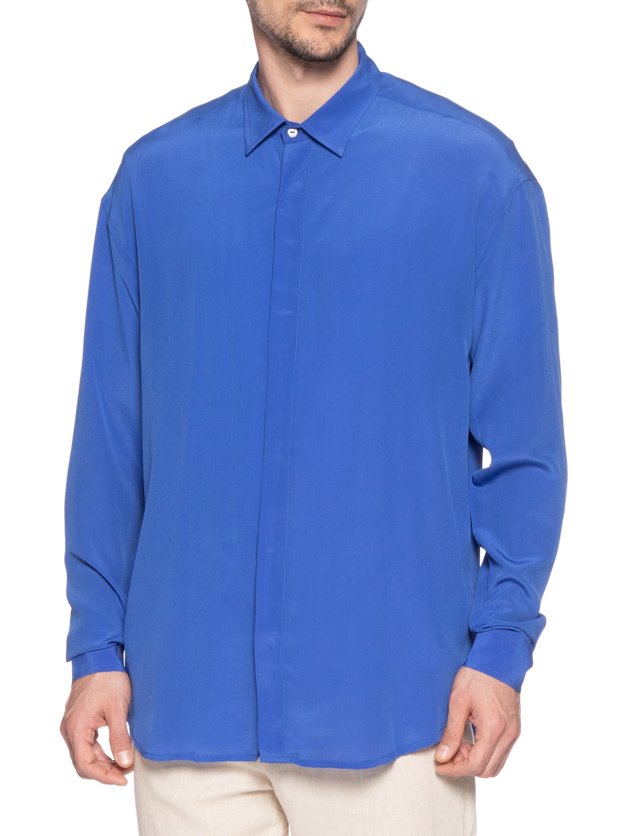 Camisa Masculina Seda Ml Oversized Azul Handred