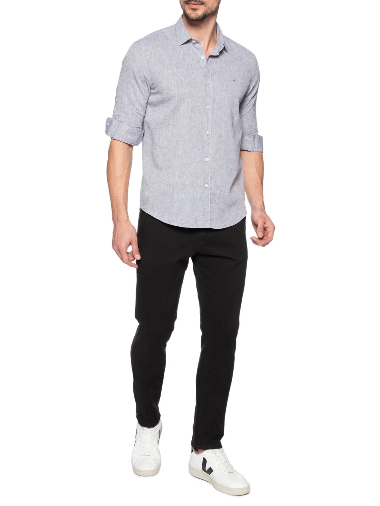 Camisa Masculina Slim Algodão Linho Cinza Aramis