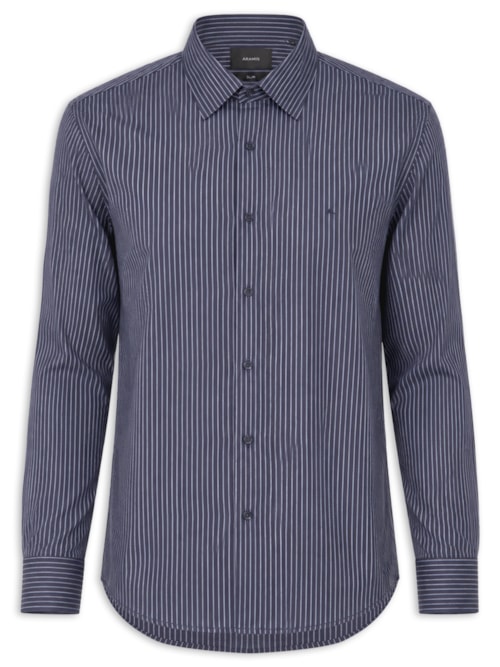 Camisa Masculina Slim Em Algodão Listrada Com Filetes - Azul