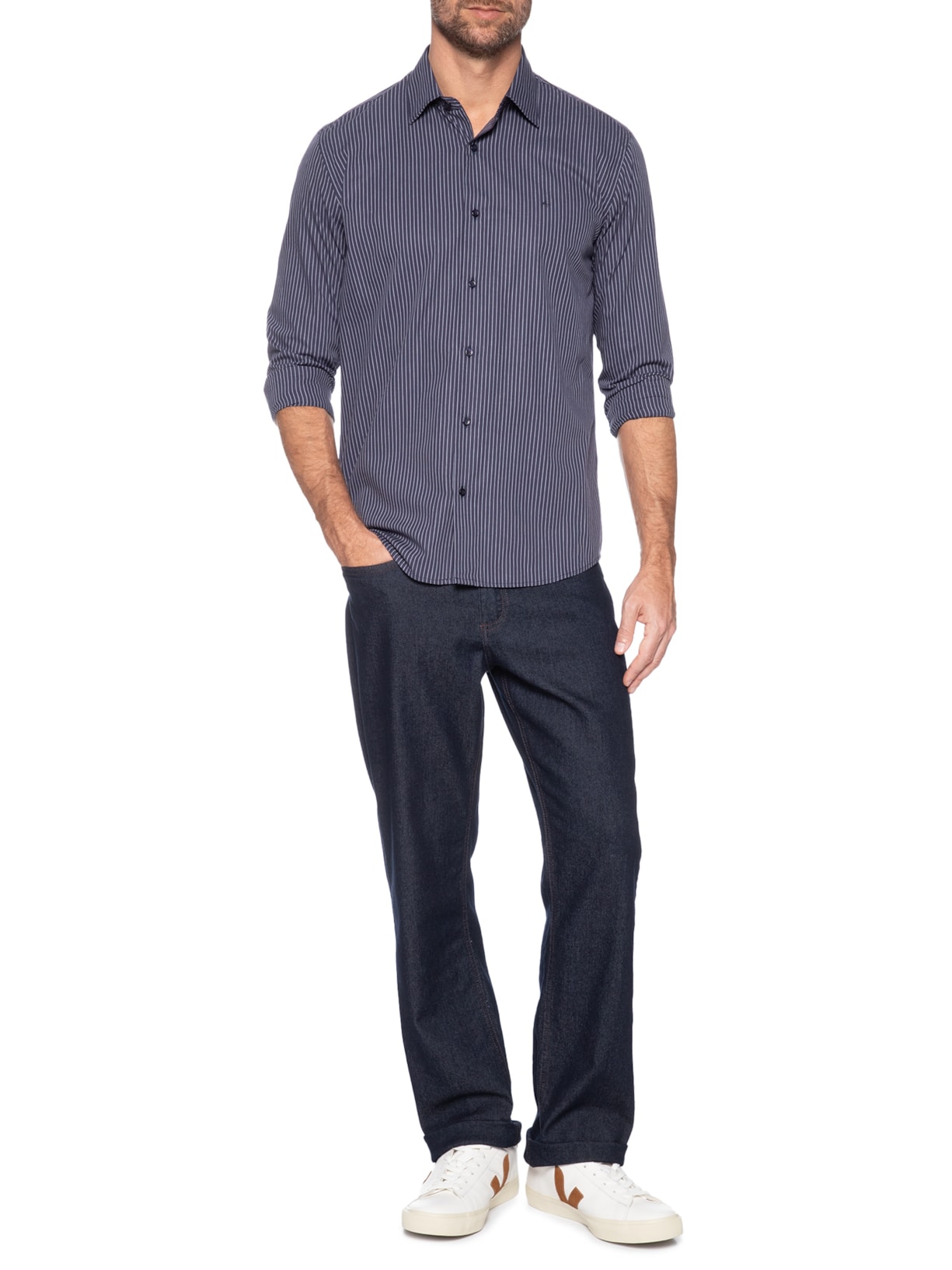 Camisa Masculina Slim Em Algodão Listrada Com Filetes Azul Aramis
