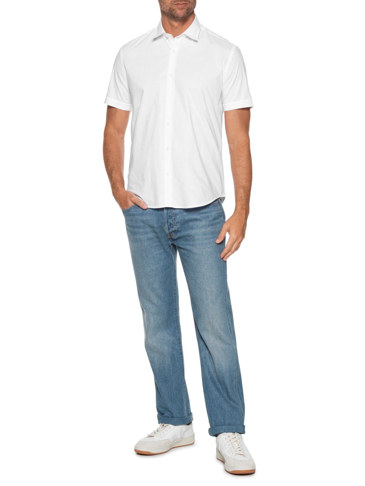 Camisa Masculina Slim Fit em Tricoline Stretch Liso Branco Aramis