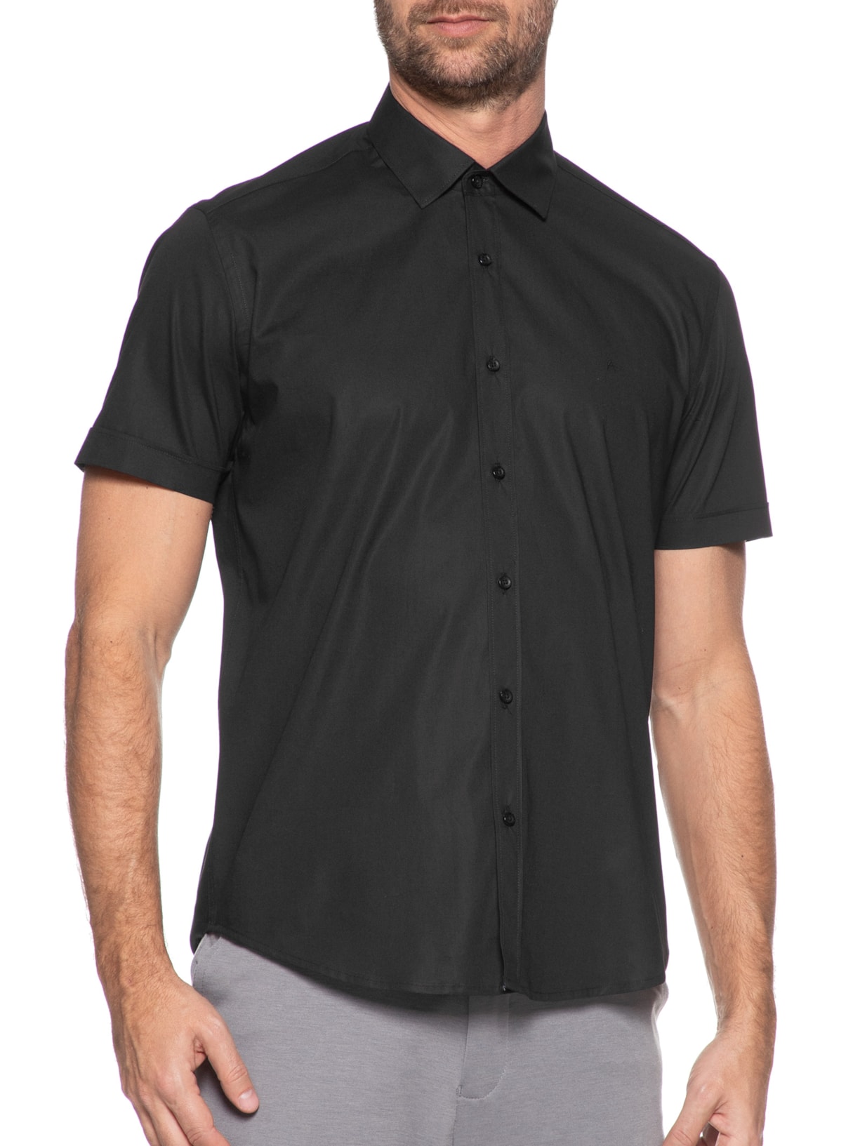 Camisa Masculina Slim Fit em Tricoline Stretch Liso Preto Aramis