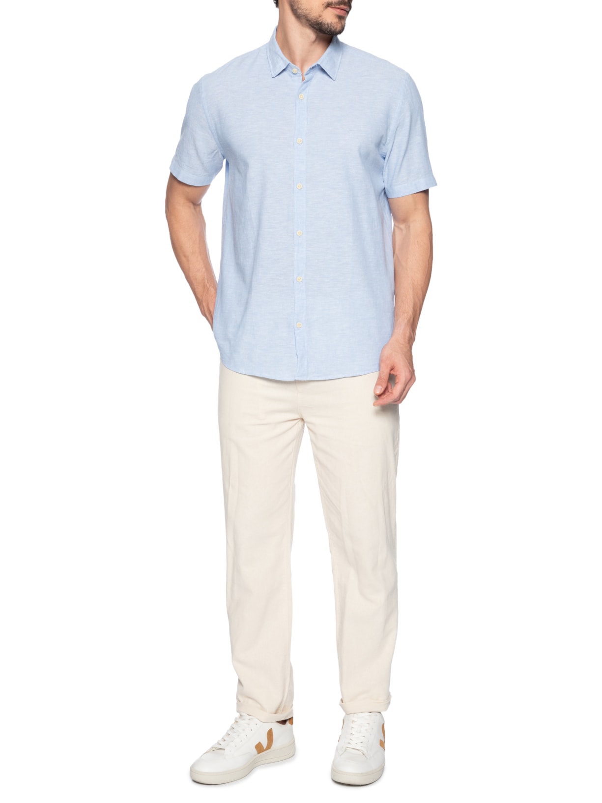 Camisa Masculina Slim Fit Linho Algodão Surat Azul Aramis