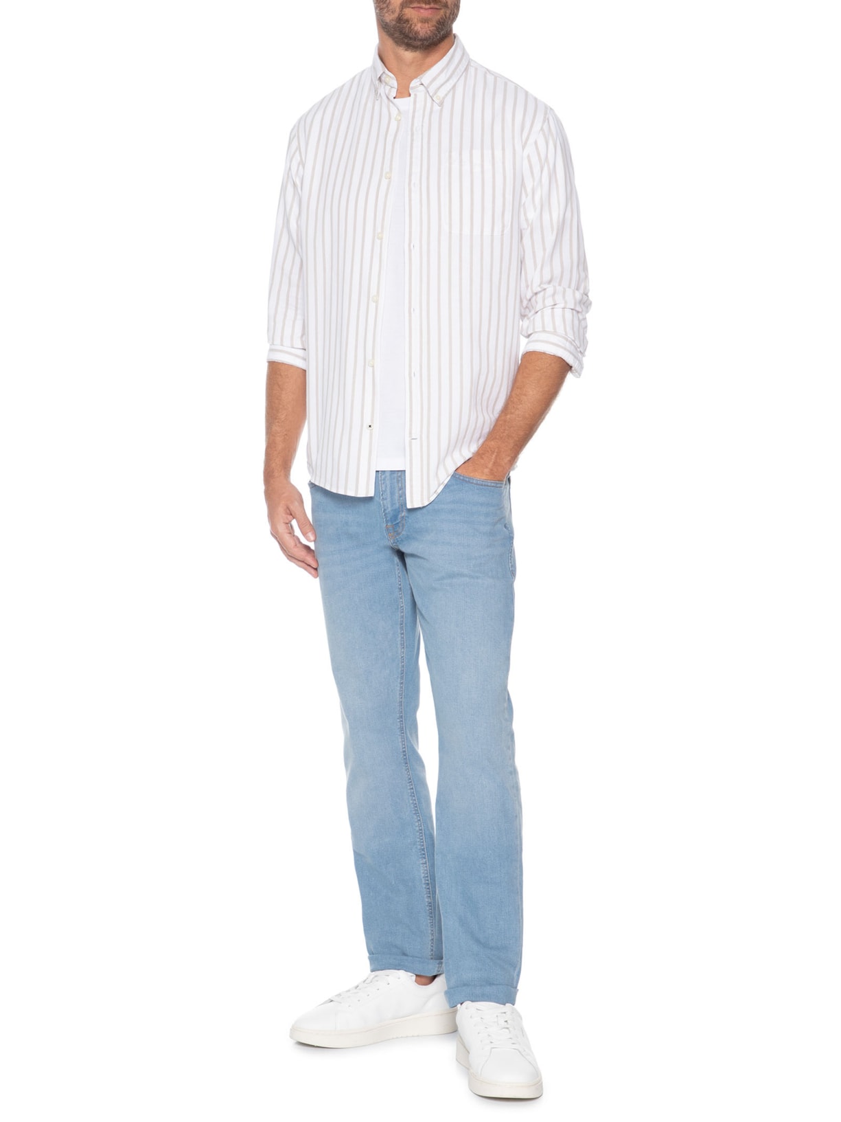 Camisa Masculina Slim Fit Listrada Oxford Orgânico Cinza Jack & Jones
