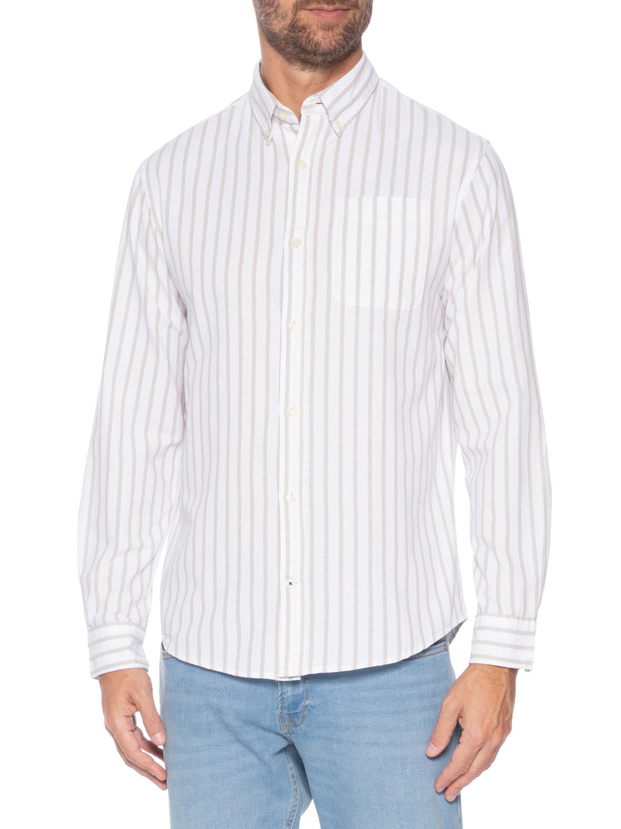 Camisa Masculina Slim Fit Listrada Oxford Orgânico Cinza Jack & Jones
