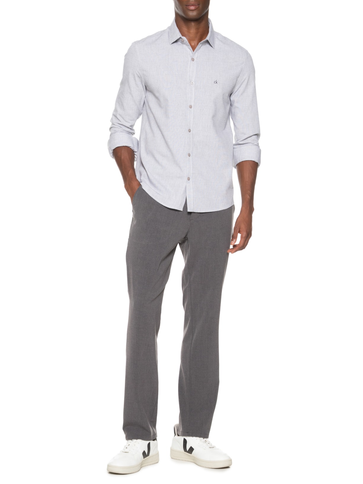 Camisa Masculina Slim Fit Tela De Algodão Cinza Calvin Klein