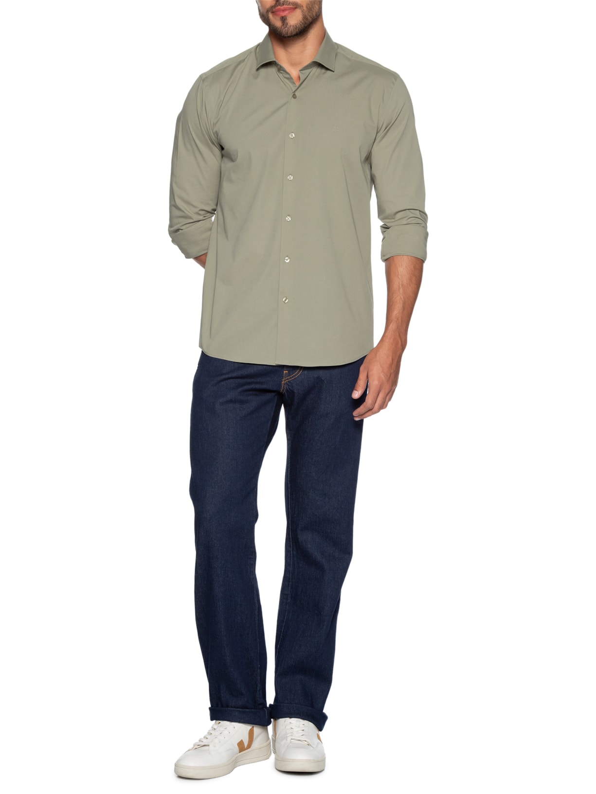 Camisa Masculina Slim Fit Tricoline Stretch Bege Aramis