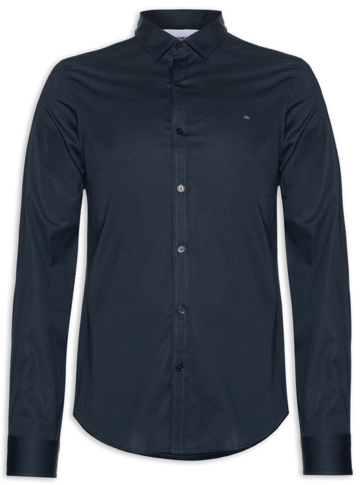 Camisa Masculina Slim Lisa Básica Logo No Peito - Azul